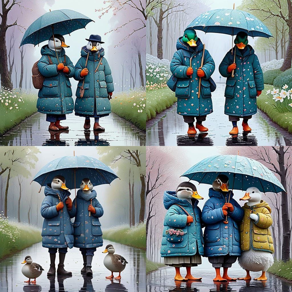 Ducks in Down Jackets Walking with Umbrella in Spring Mist