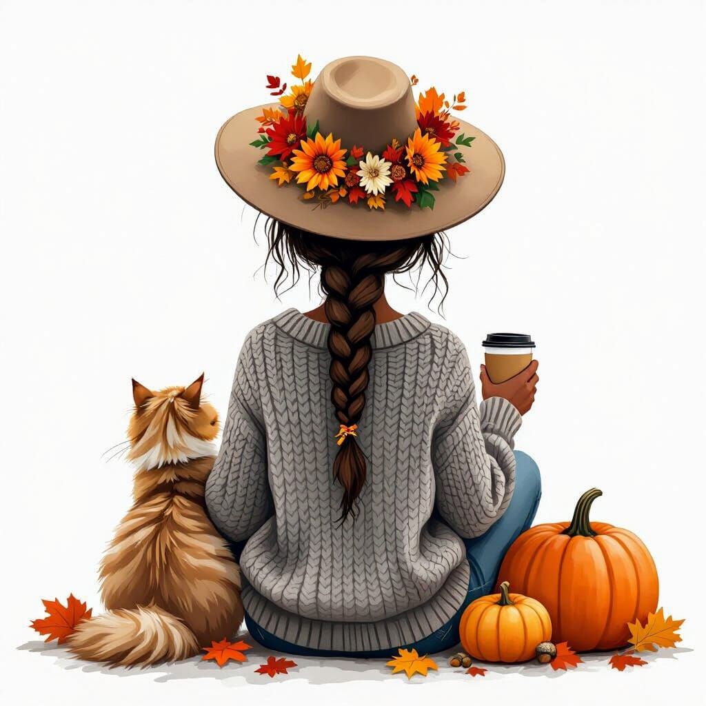 Autumn Scene: Woman with Cat and Pumpkins