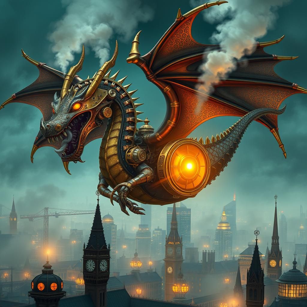 Steampunk Mechanical Dragon Over Victorian Cityscape
