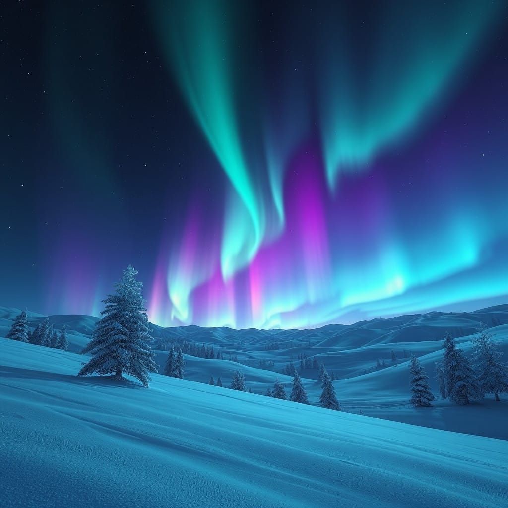 Northern Lights Dance Across Snowy Night Sky