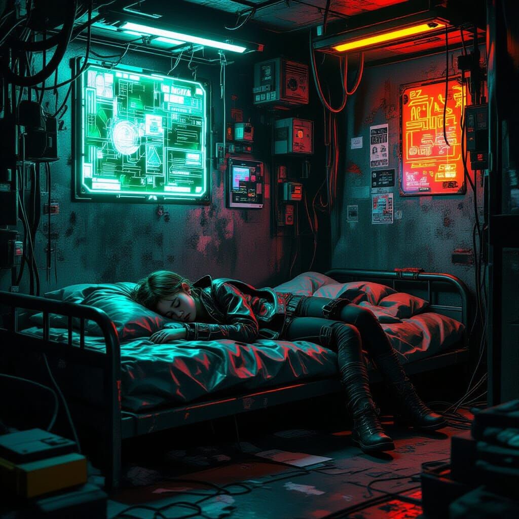 Cyberpunk Girl Sleeping in Neon Lit Room