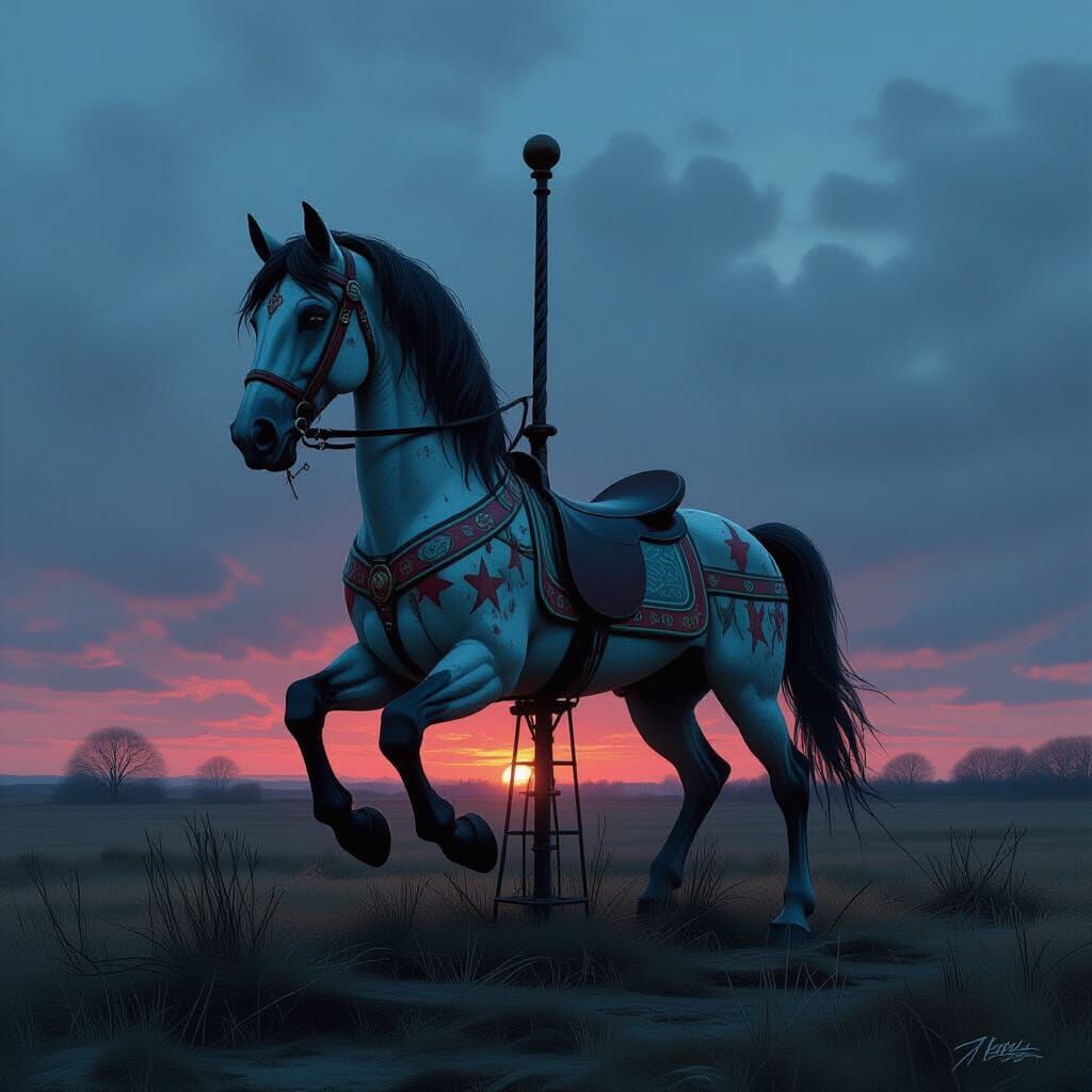 Abandoned Carousel Horse in Twilight Field