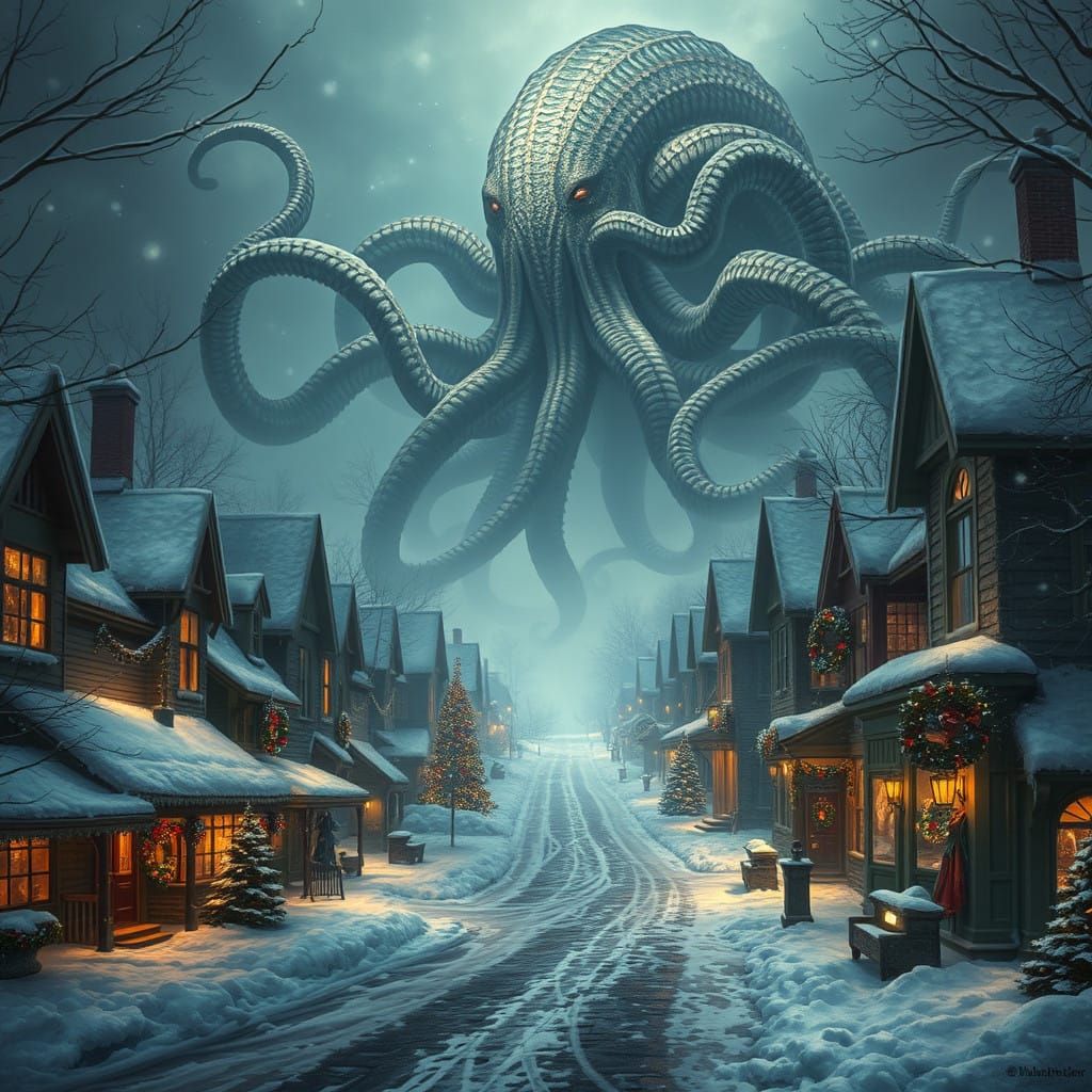 Cthulhu Wrecks a New England Christmas Town in Surreal Style