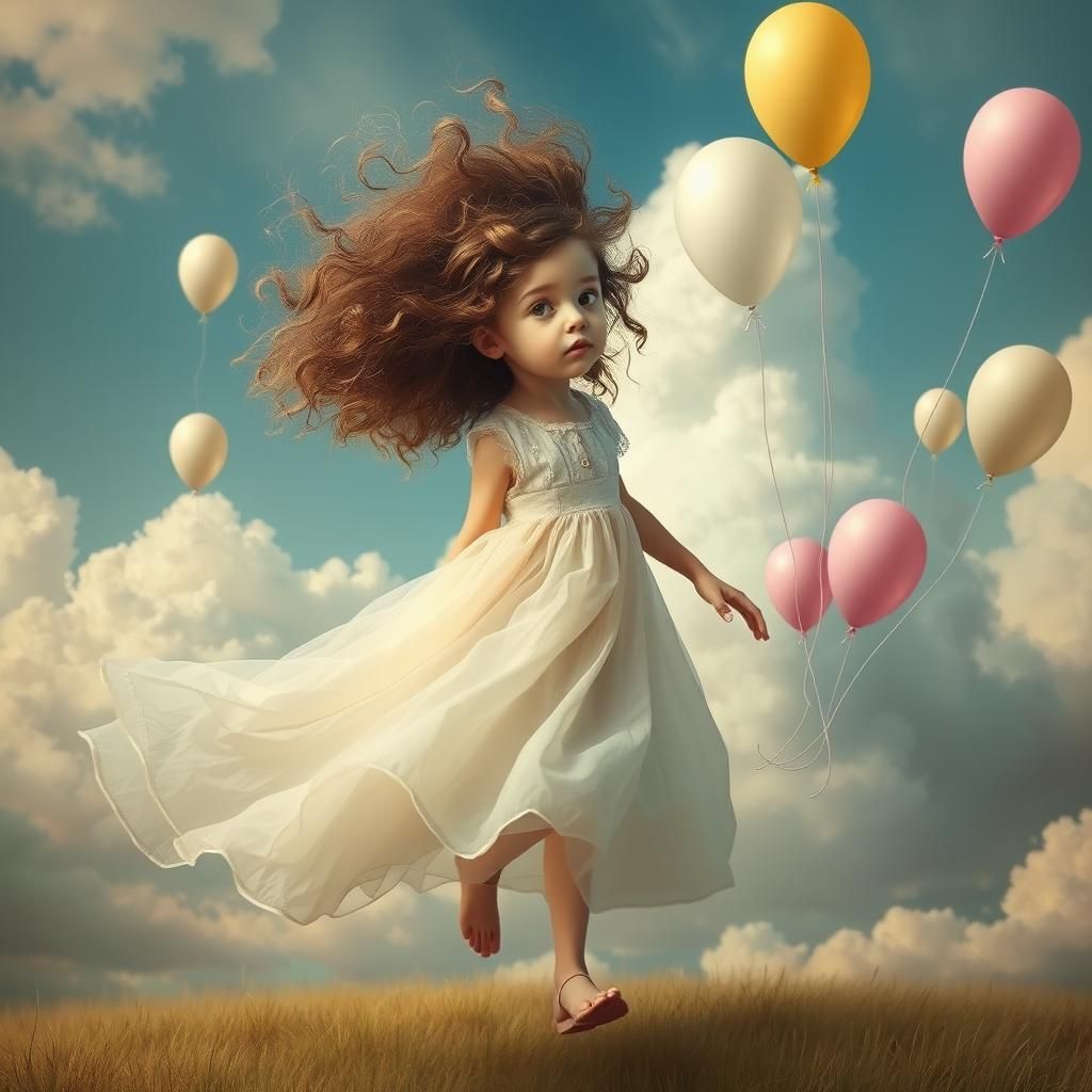 Surreal Girl Chasing Balloons in Ethereal Dreamscape