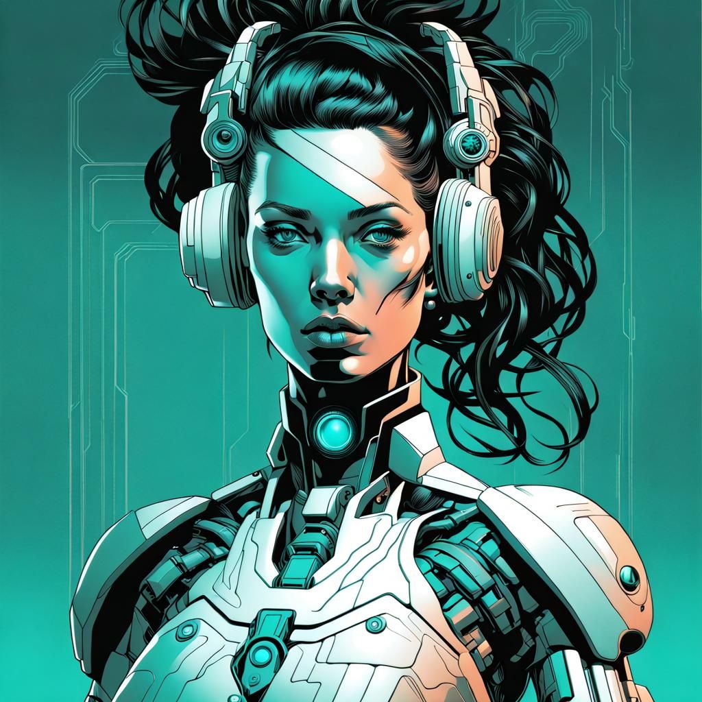 Female Cyborg Portrait in Black Teal Gradient
