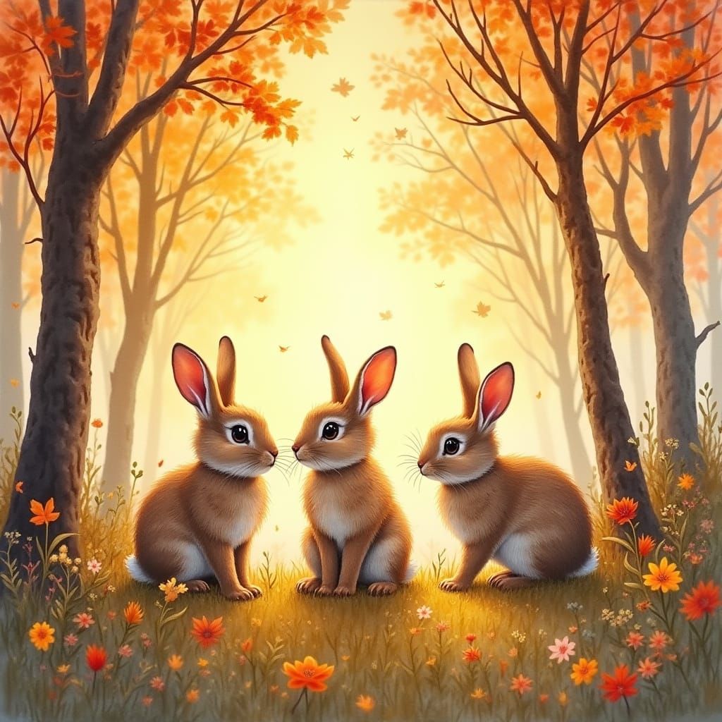 Detailed Watercolour of Rabbits in Autumn Woodland Sunset