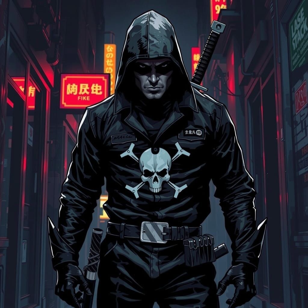 Stern Assassin in Dark Jumpsuit Clad in Skull Emblem