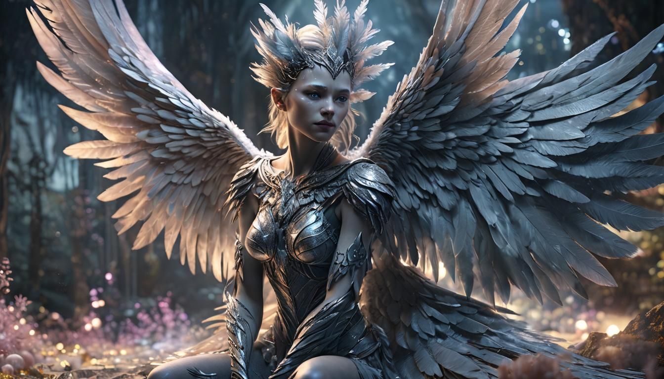 Winged Humanoid with Crystal Wings in Dreamlike Setting