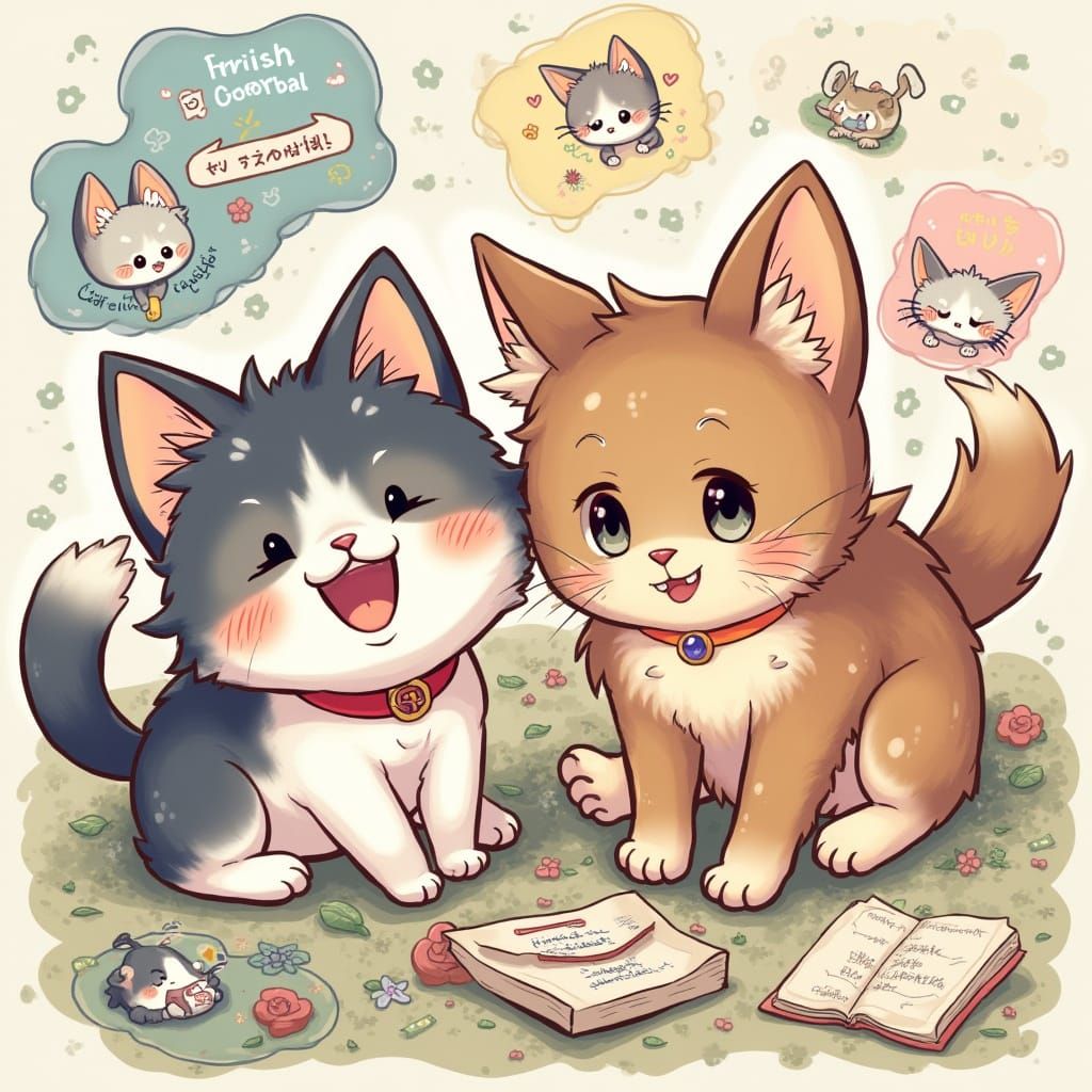 Anime-Style Whimsical Cat and Dog Chat