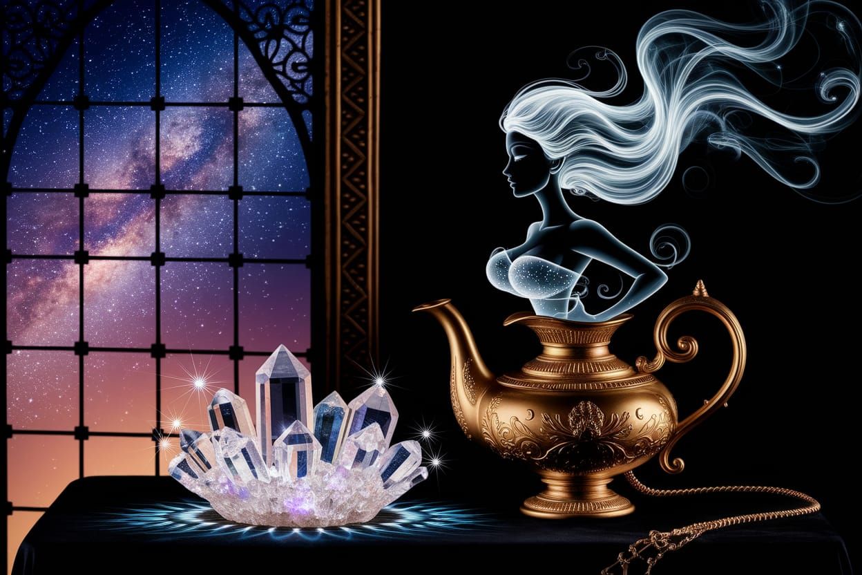 Crystal and magic lamp with genie