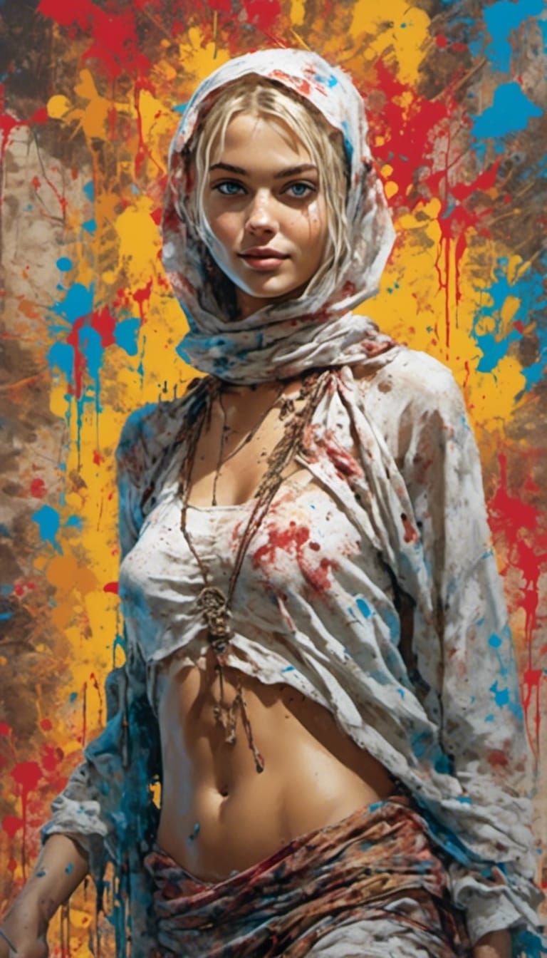 Blonde Woman on Catwalk in Splatter Graffiti Style