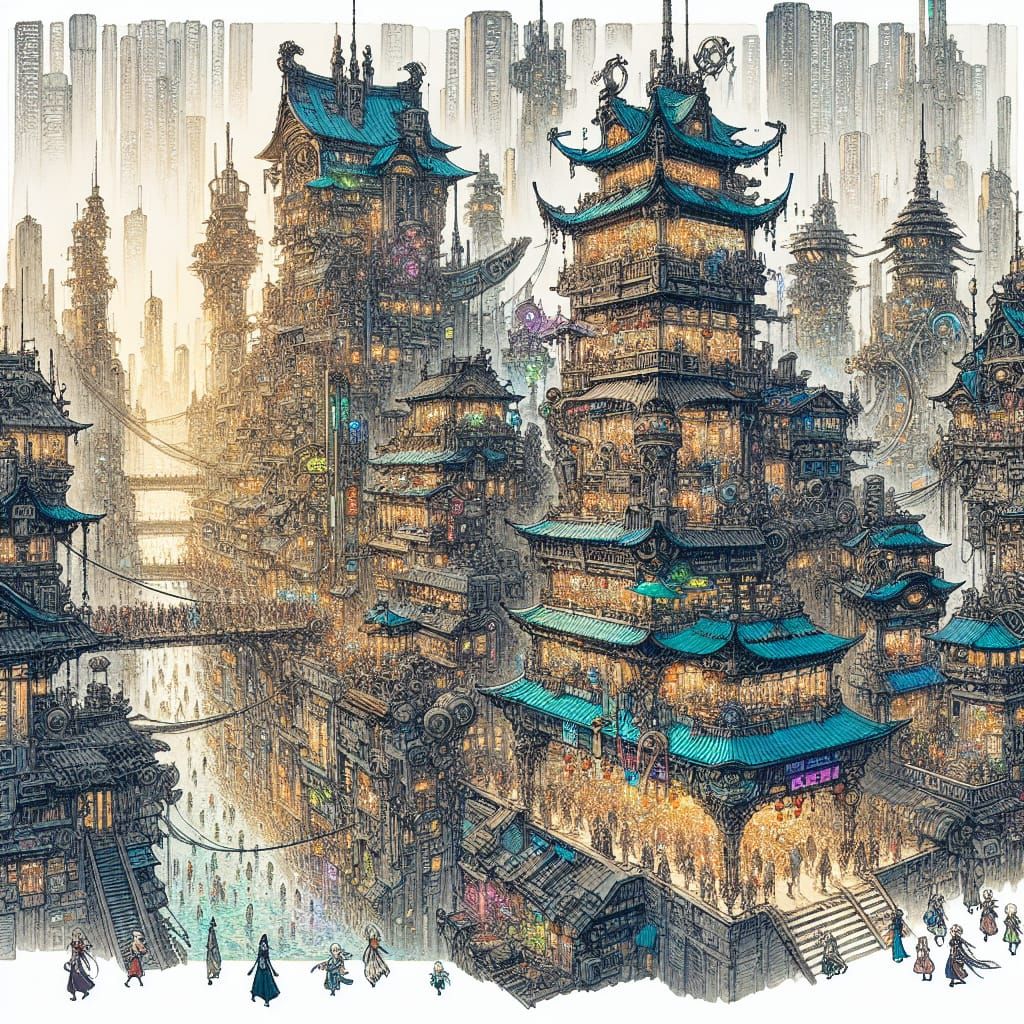 Mystical Steampunk Cityscape in Ink and Watercolor Style