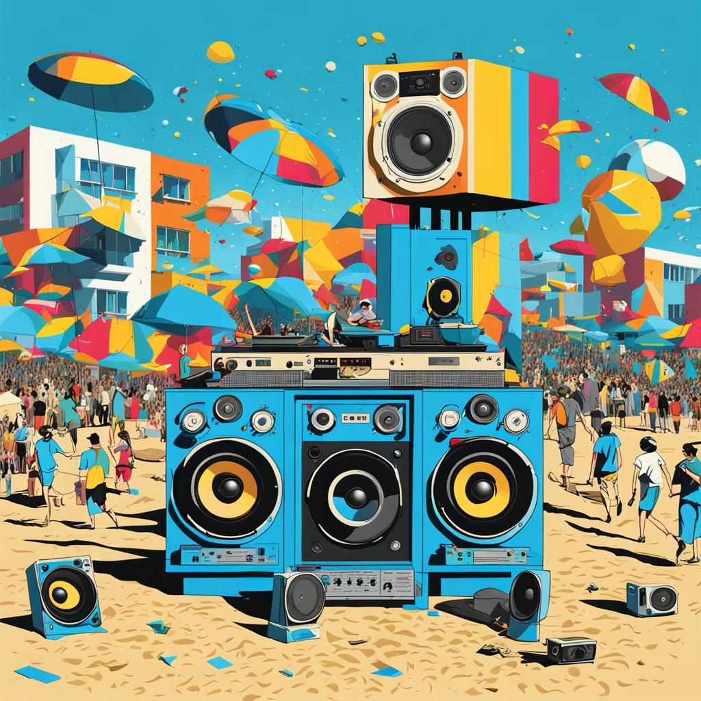 Beach Party with Giant Speakers in Pop Art Style