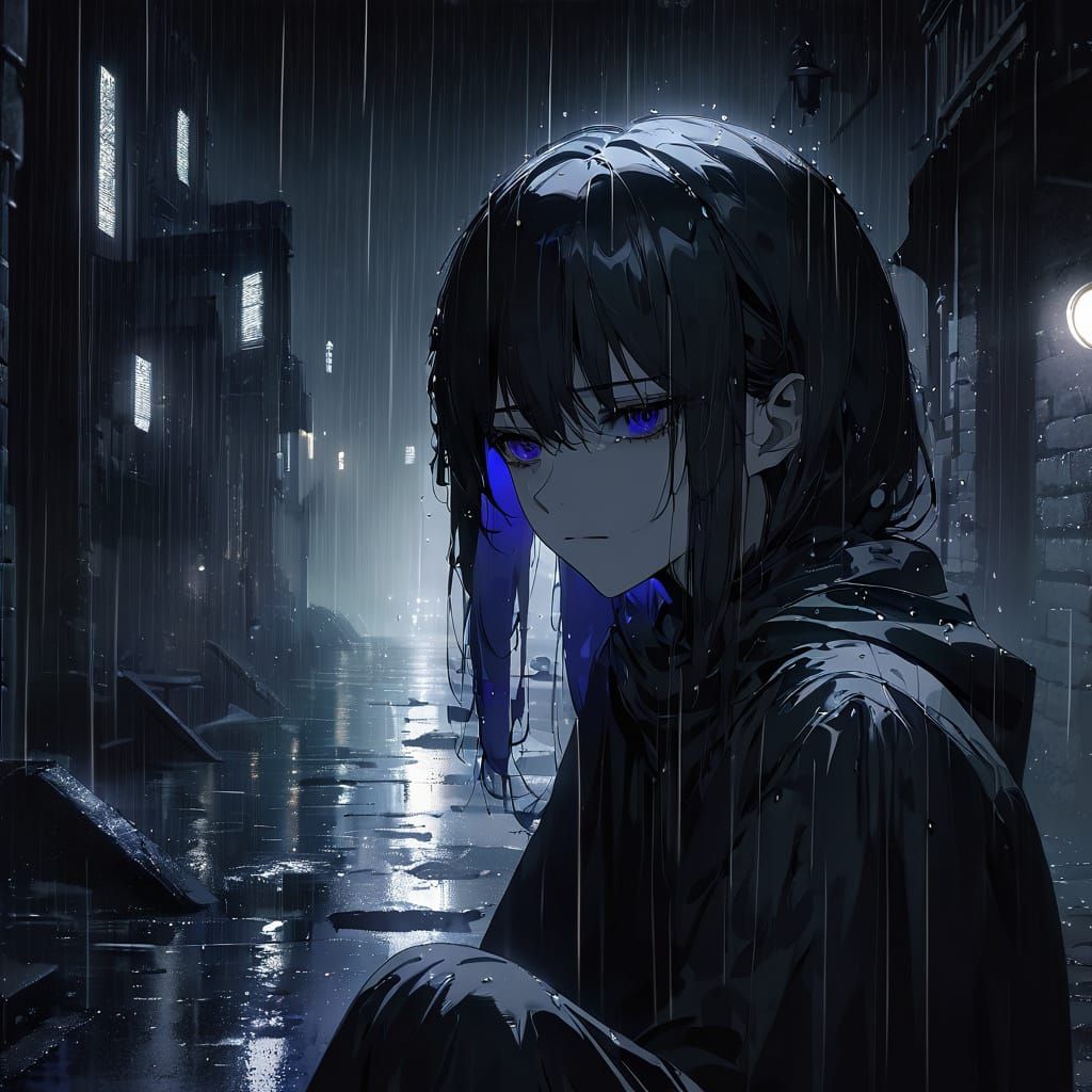 Mysterious Anime Girl in Rainy City Alleyway