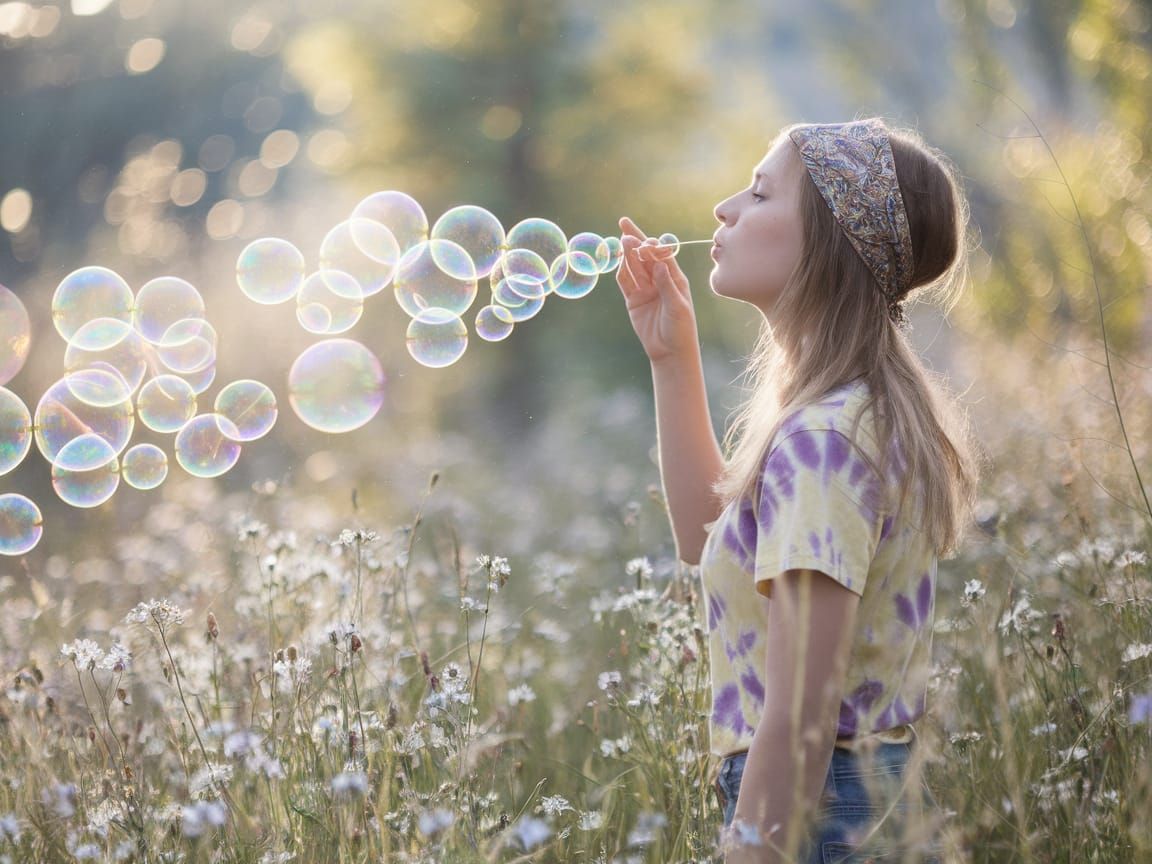 Woman Blowing Bubbles in Impressionistic Meadow