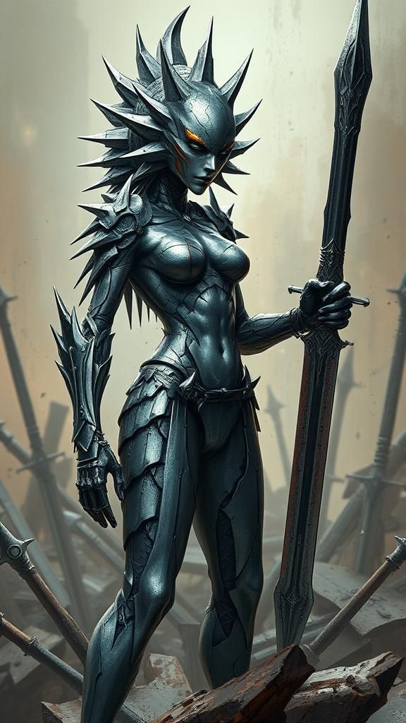 Surreal Metal Female Humanoid in Battle Pose