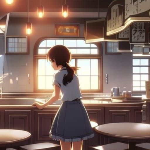 Anime Girl in Cafe, Ghibli Style