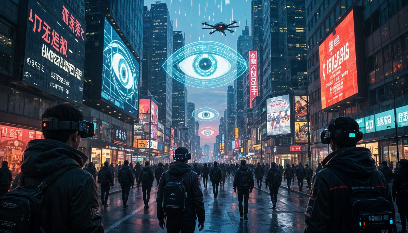 Cyberpunk City Street with Holographic AI Eyes