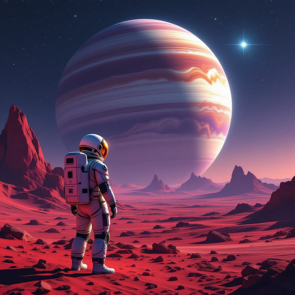 Astronaut Gazes at Ringed Planet on Crimson World