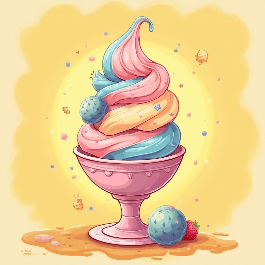 Vibrant Whimsical Ice Cream Illustration in Pastel Hues