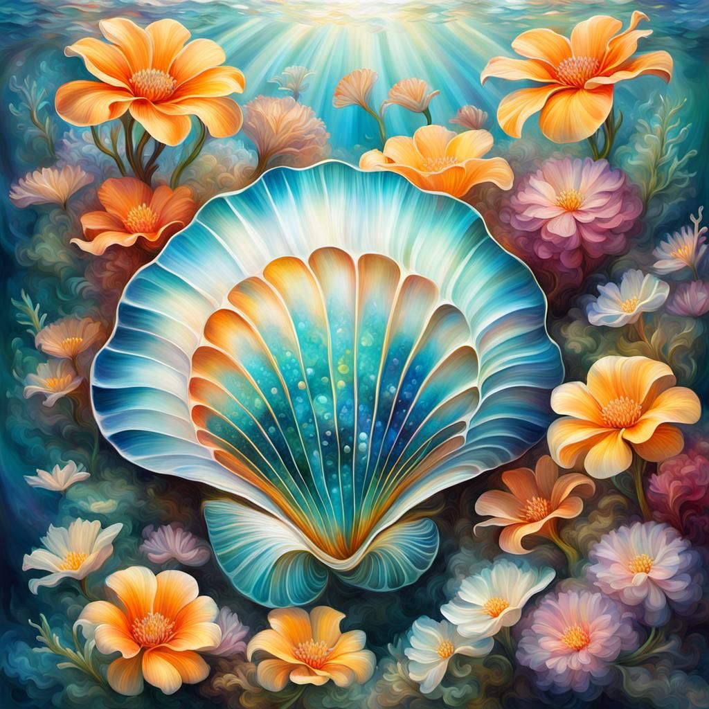 Underwater Shell with Fractal Flowers in Art Nouveau Style