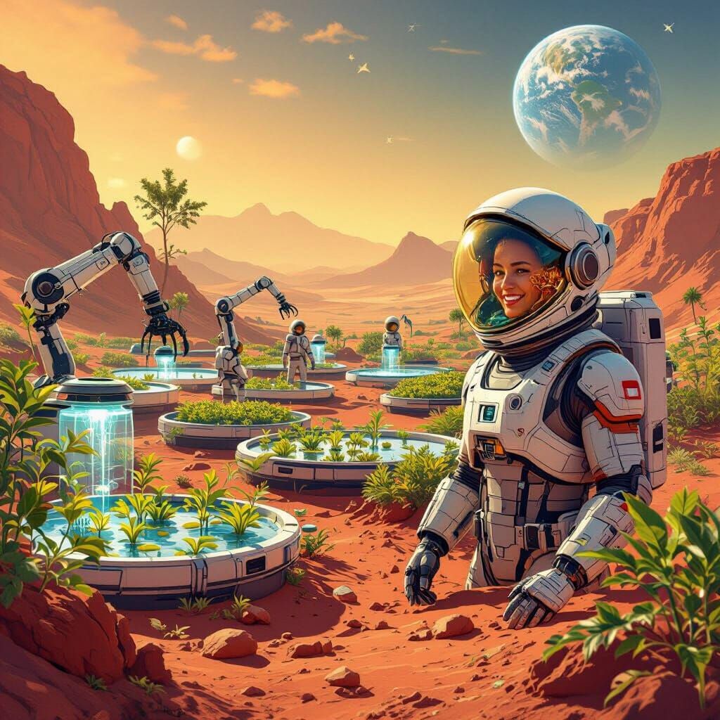 Thriving Martian Ecosystem: Astronauts Tend Lush Plants