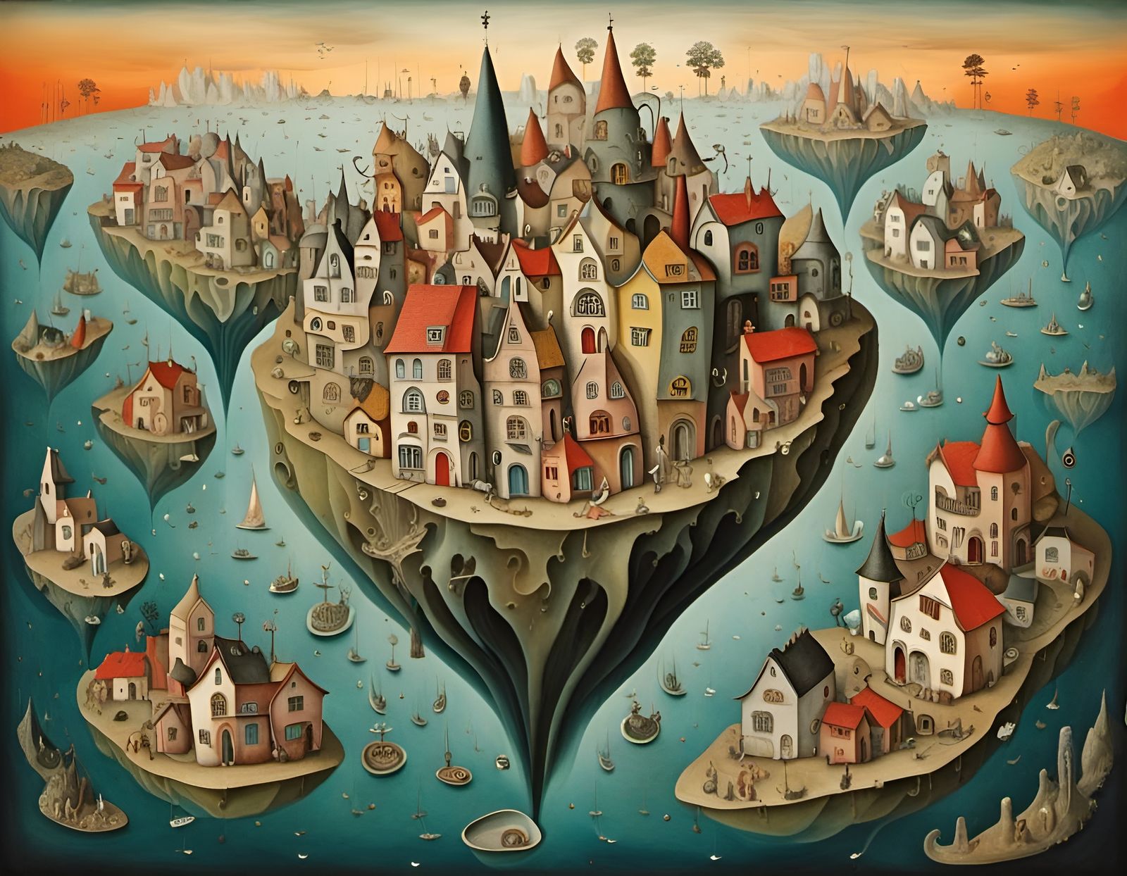 Surreal Island Town with Upside-Down Houses