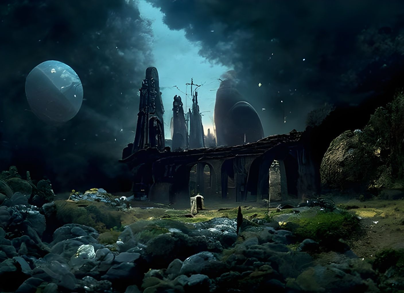 Gothic Ruins Under Alien Skies: Dramatic Matte Painting