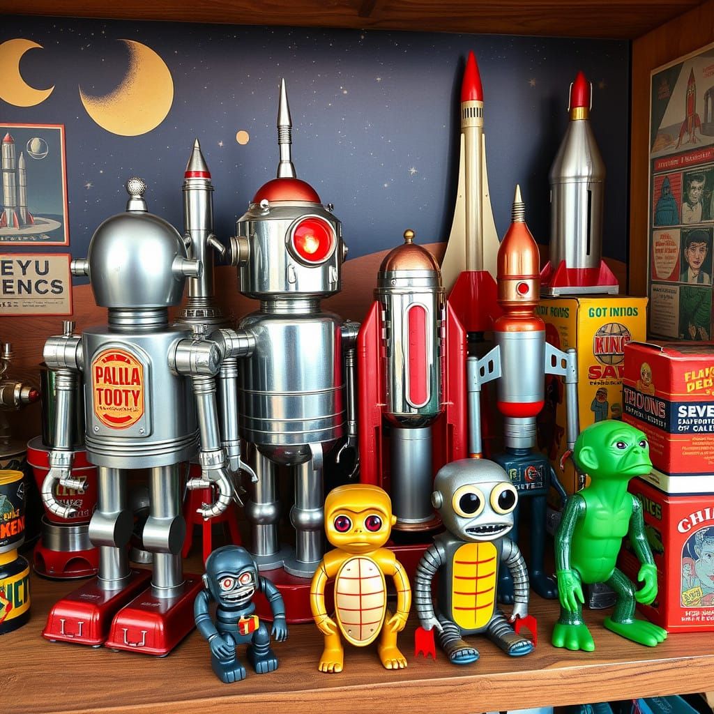 Vintage Futuristic Tin Toys in a Retro Space Diorama