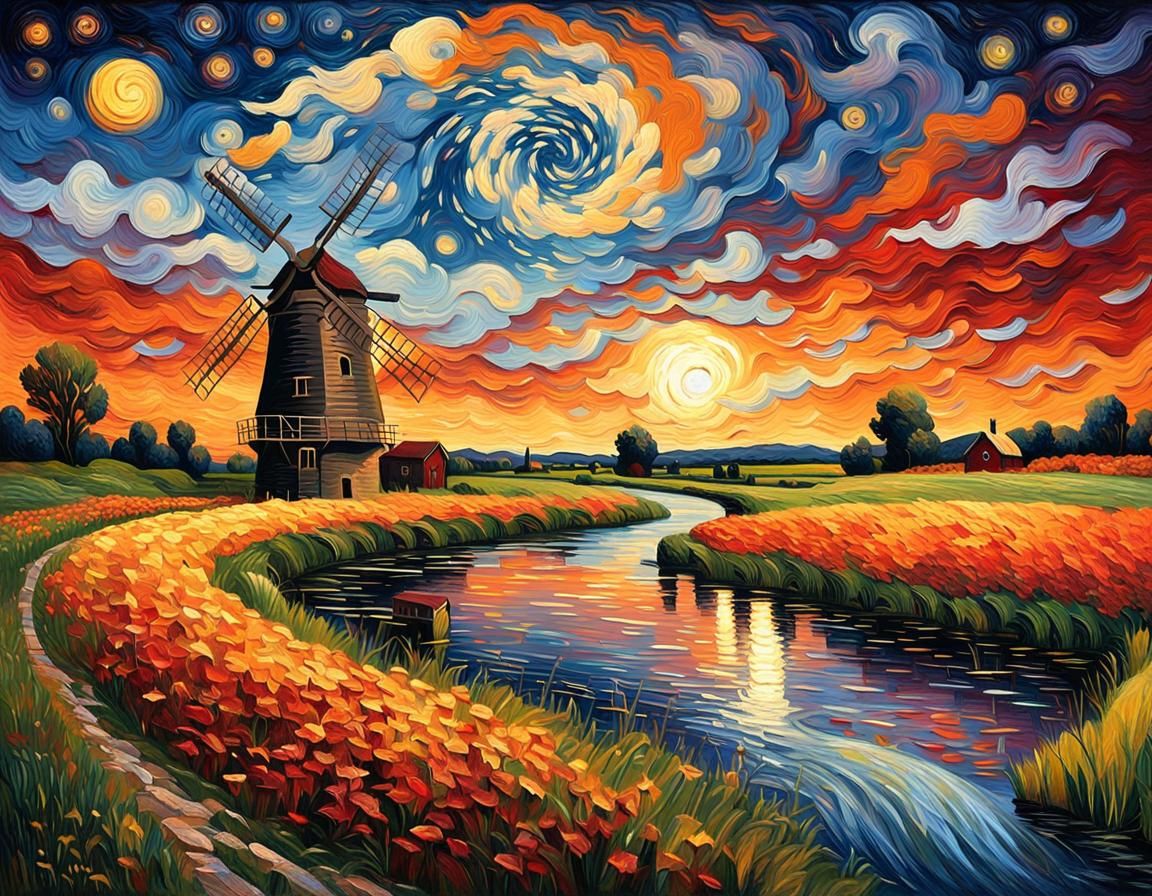 Post-Impressionistic River Landscape with Swirling Starry Sk...