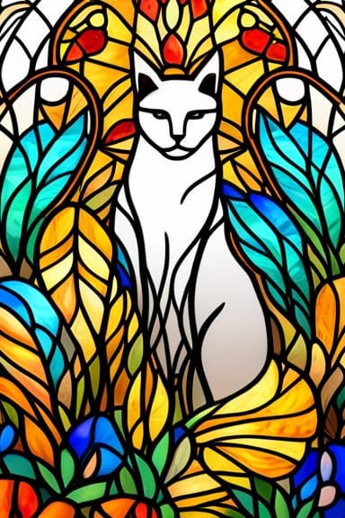Art Nouveau Stained Glass Cat in Golden Light