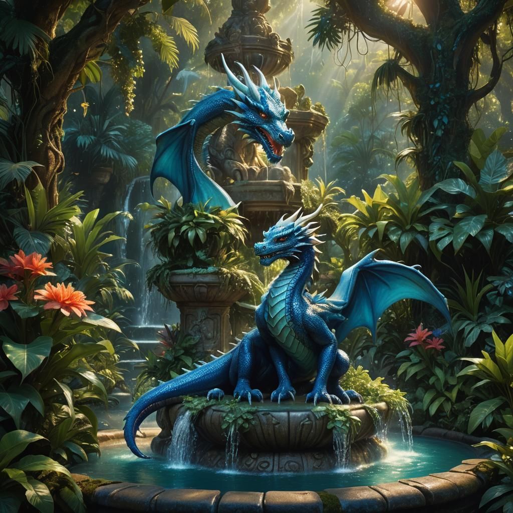 Blue Dragon Drinks from Jungle Fountain