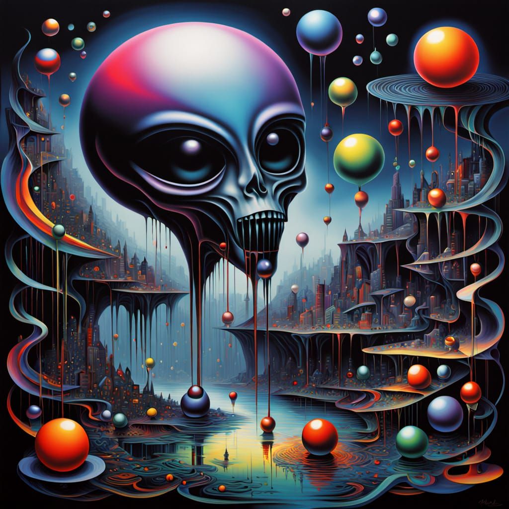 Surreal Alien Landscape with Floating Eyes and Hieroglyphs