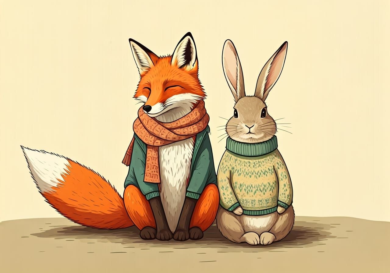 Fox and Rabbit in Sweaters, Whimsical Illustration