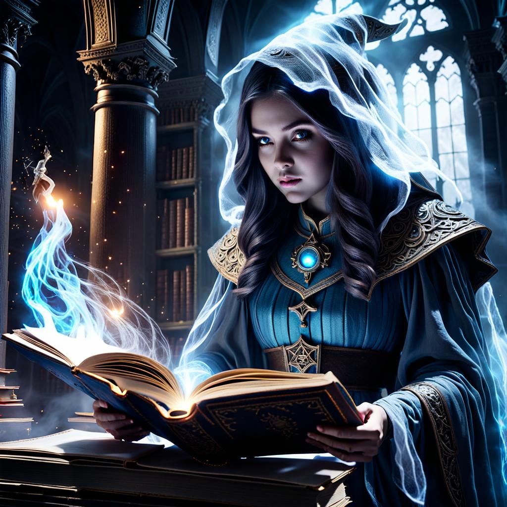 Ghostly Girl Wizard Reads in Ruined Library