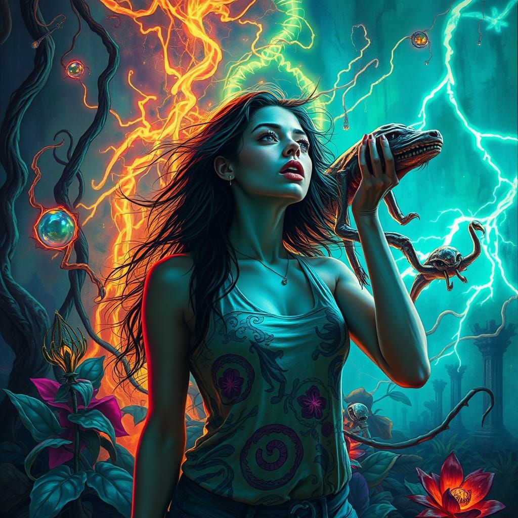 Woman in Psychedelic Storm of Color