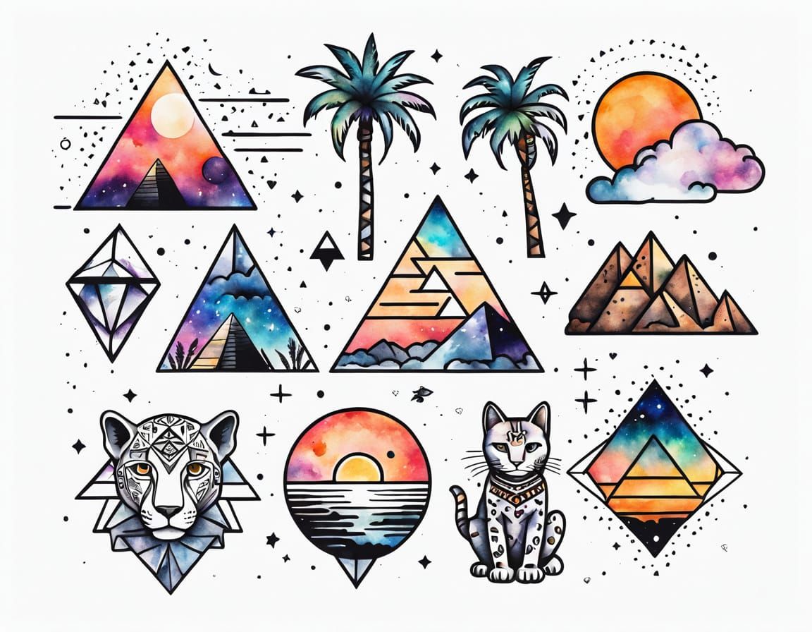 Geometric Tattoo Flash Sheet in Watercolor Style
