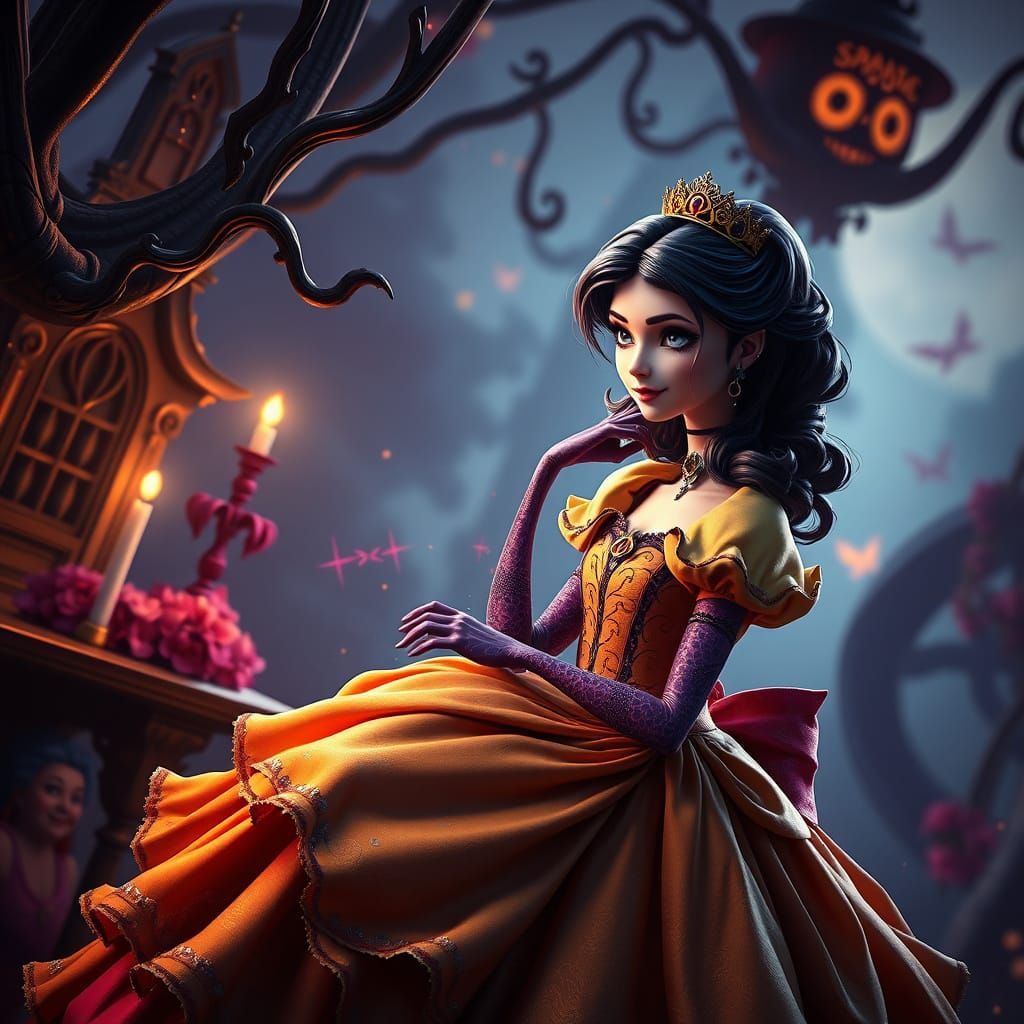 Fantastical Princess in Whimsical Tim Burton-Inspired World