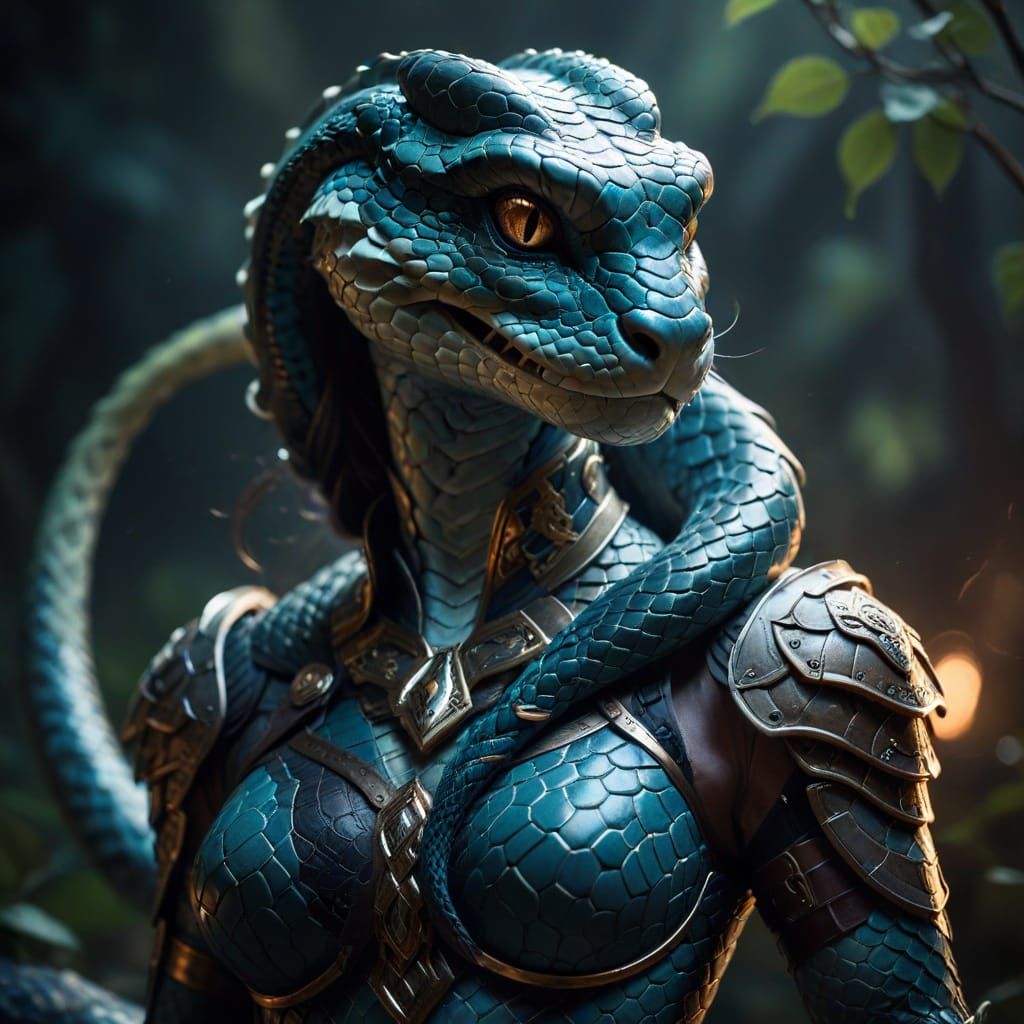 Noble Anthro Snake in Armor with Dramatic Lighting