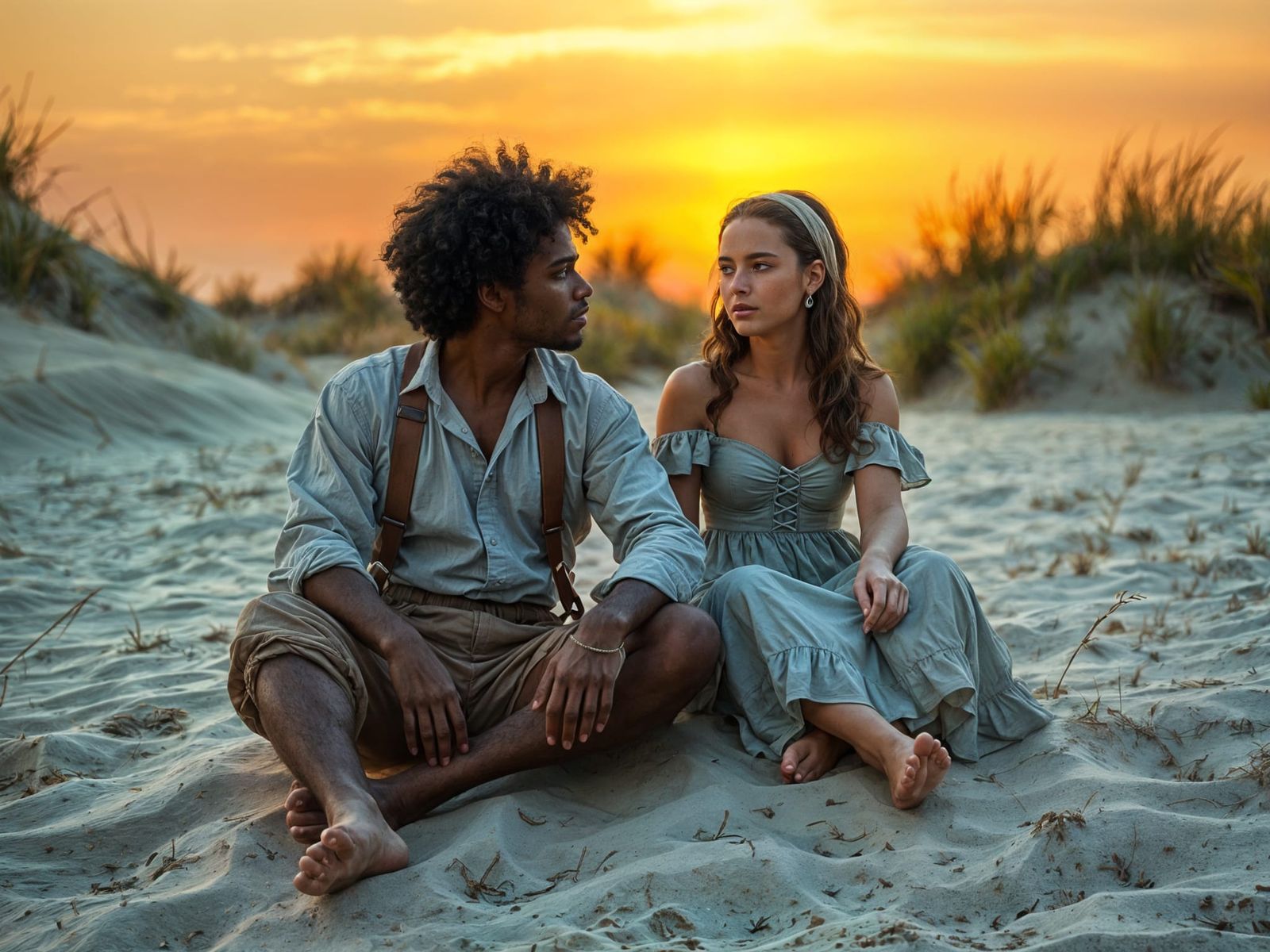 Colonial Couple's Loving Gaze on Beach at Sunset