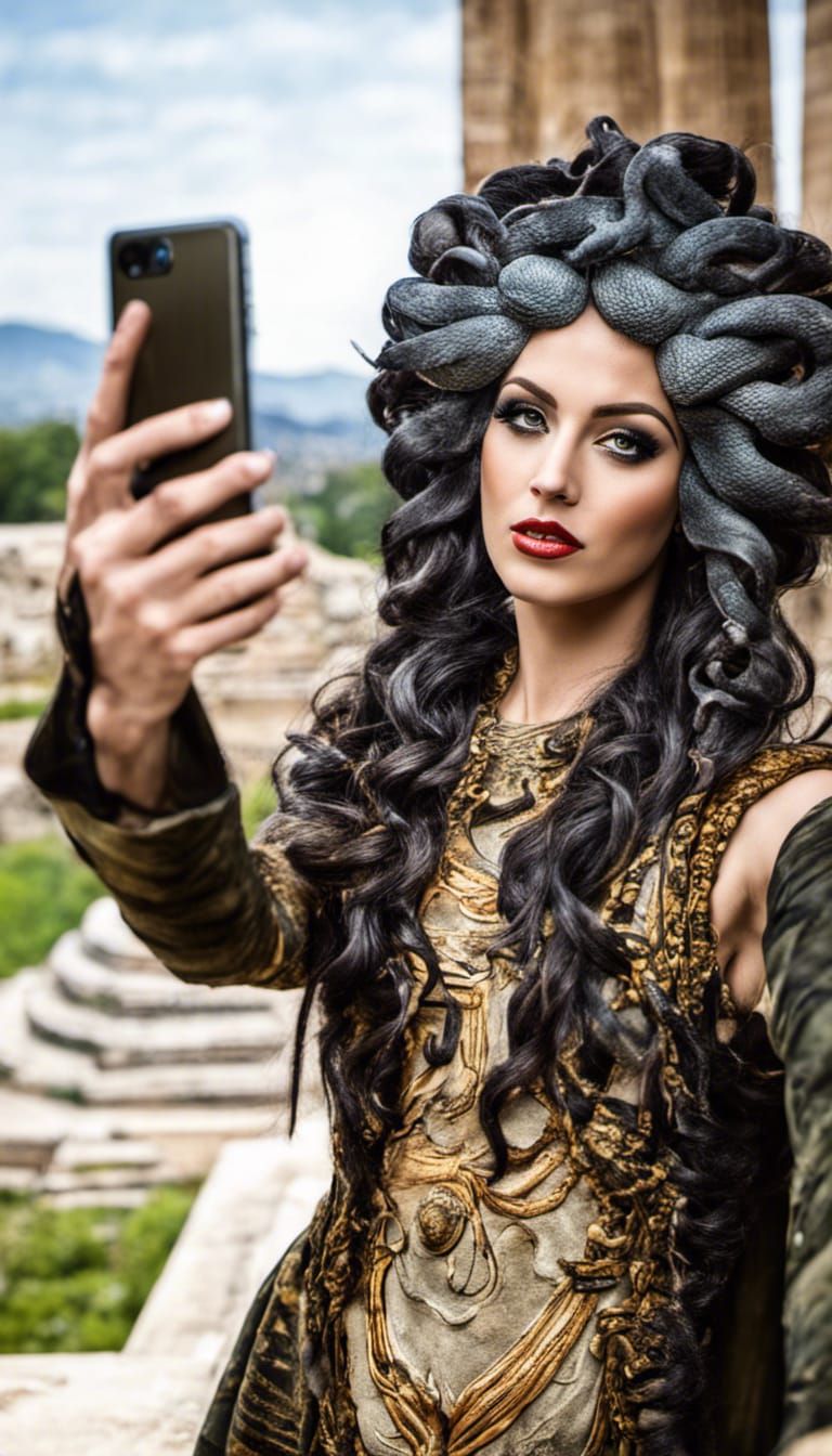 Gorgon Medusa taking a selfie with a smart phone, hair of venomous snakes looking into the camera, set in an ancient Gre...