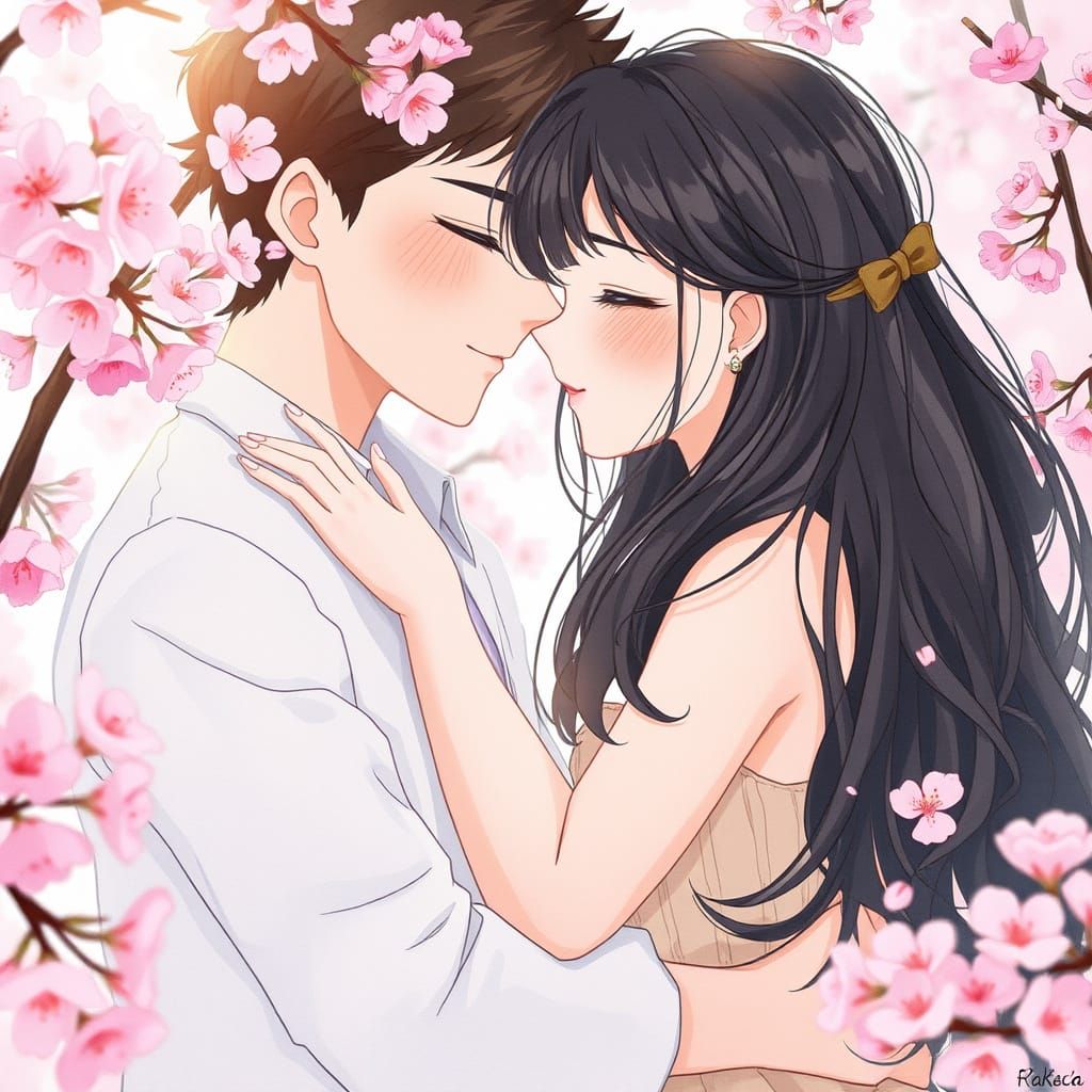 Anime-Style Lovers Embrace Amidst Cherry Blossoms