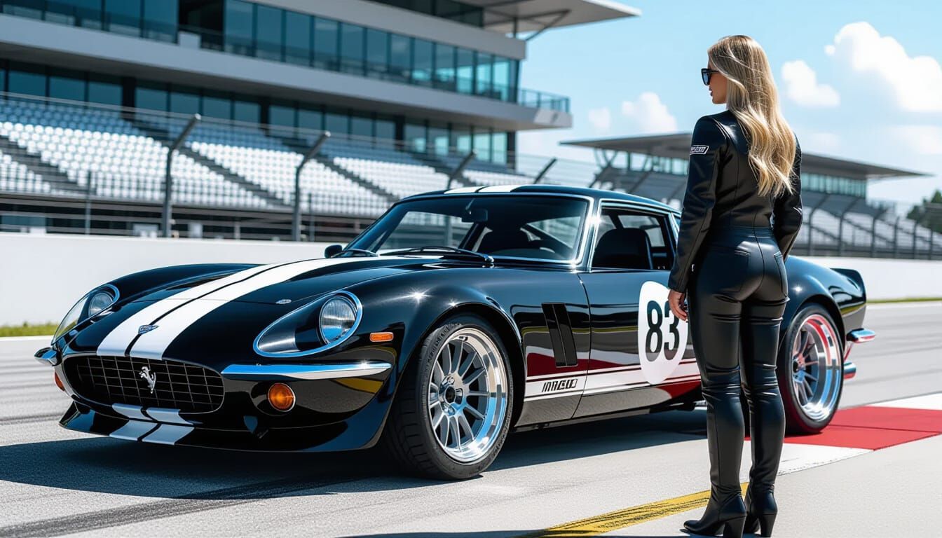 Blonde Woman Poses with Retro Sports Car in Black