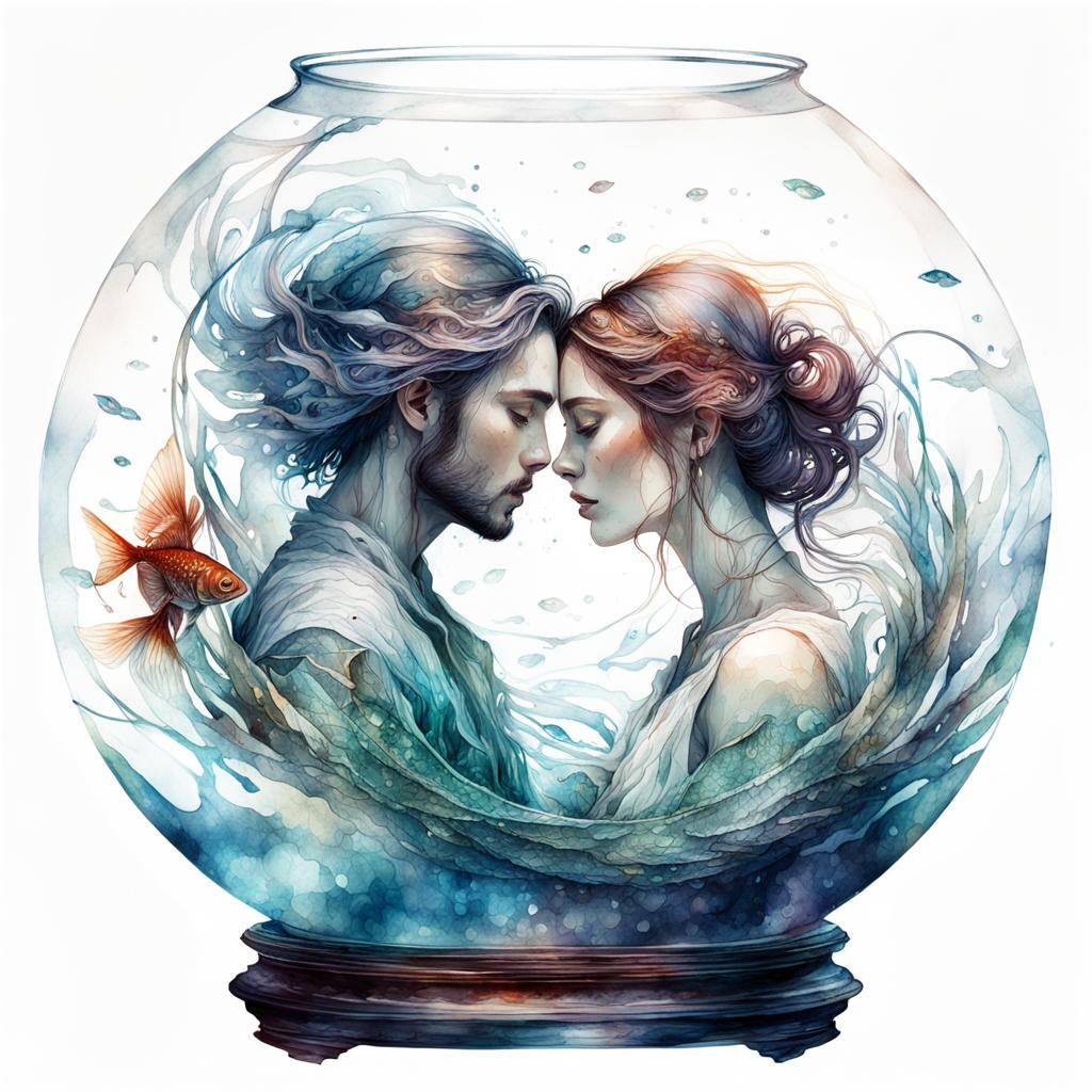 Lovers in Fishbowl: Surreal Double Exposure Watercolor