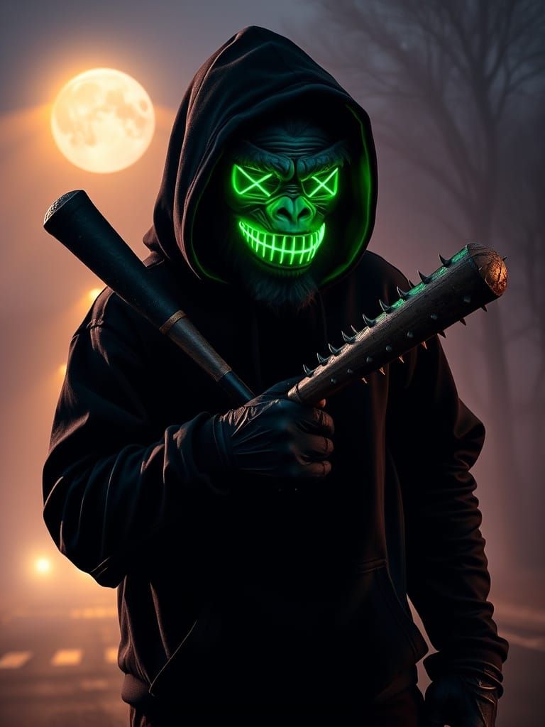 Menacing Ape with LED Mask on Foggy Street