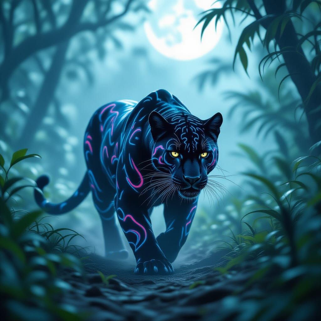 Black Panther Spirit Prowling Through Moonlit Jungle