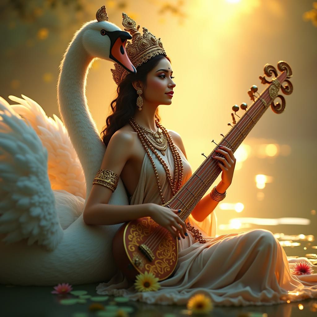 Goddess Saraswati with Veena in Golden Light