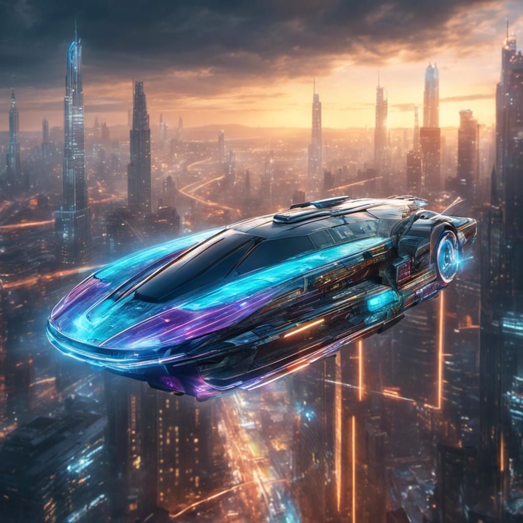 Futuristic Holographic Flying Car over Cyberpunk Cityscape