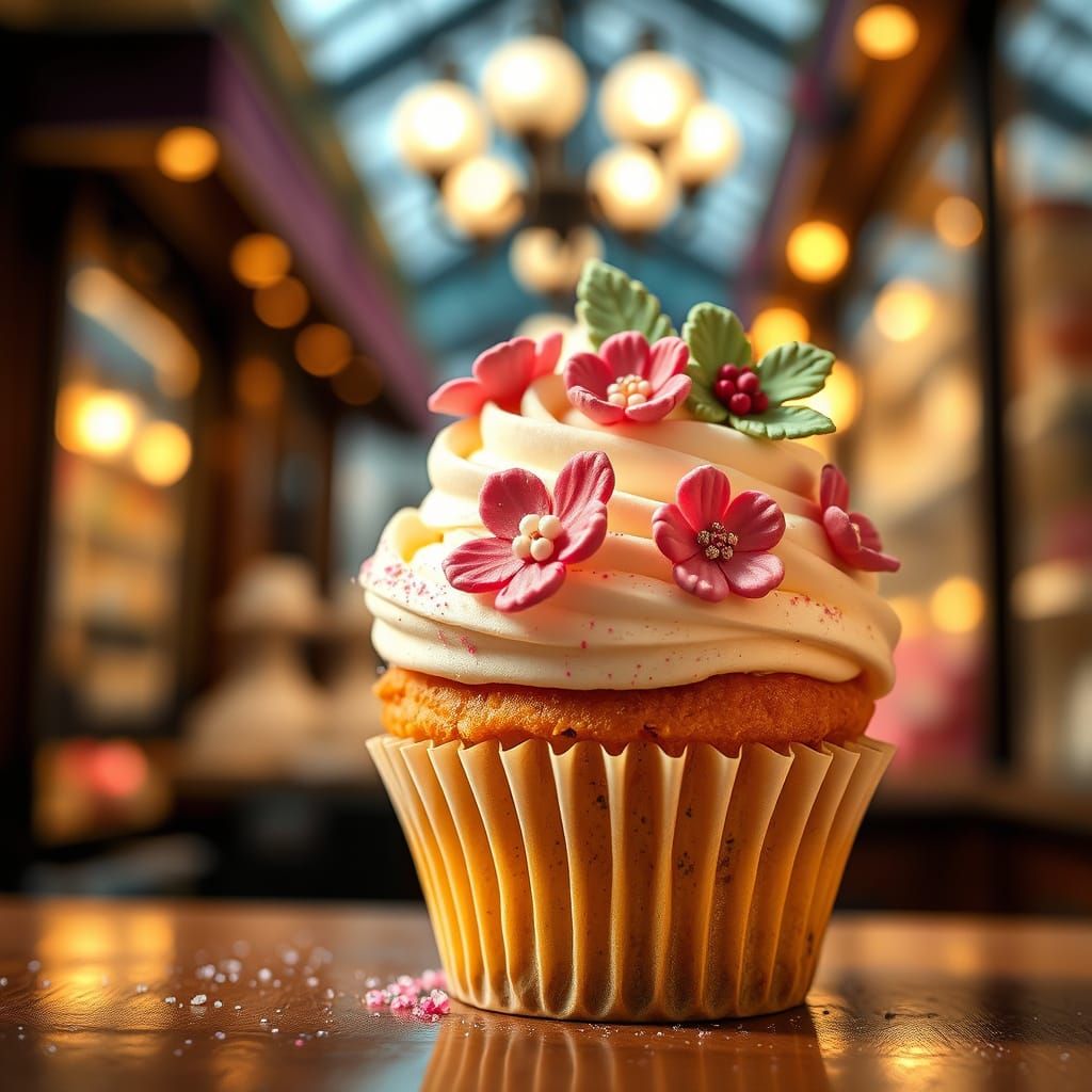 Hyperrealistic Cupcake with Sugar Flowers and Glitter