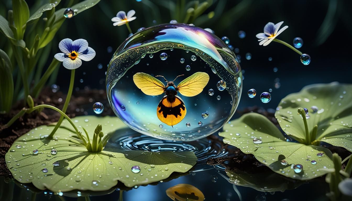 Iridescent Water Drop Reflecting Seedlings and Fireflies